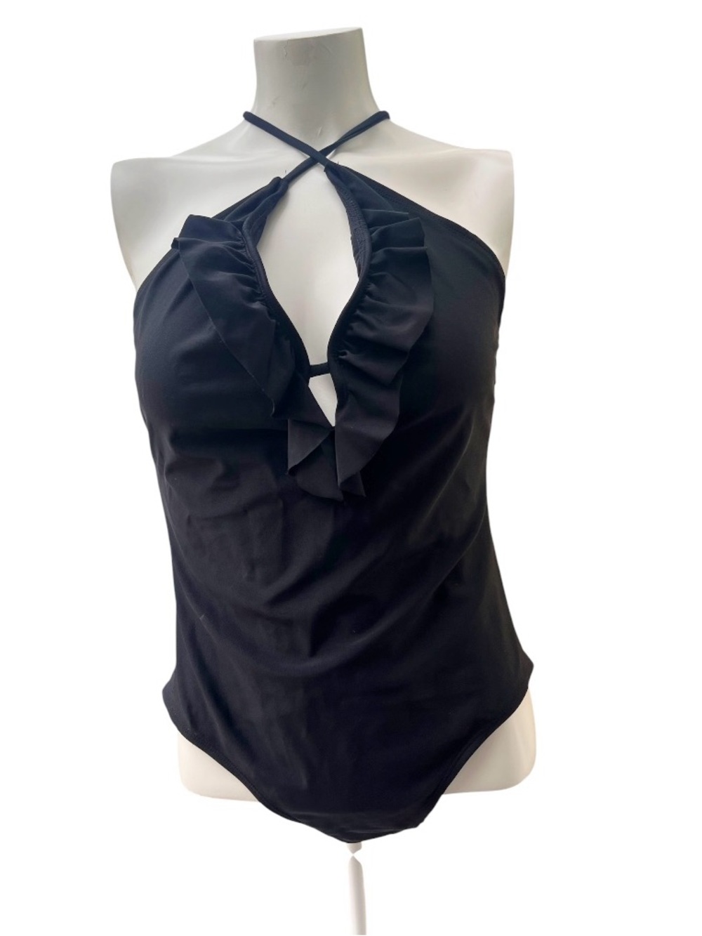 Old Navy One Piece Swimsuit Black Halter Top w/ Ruffle Strappy Back Size S